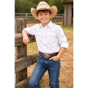 Wrangler Boys White Long Sleeve Western Snap Button Down Shirt Size 10-12